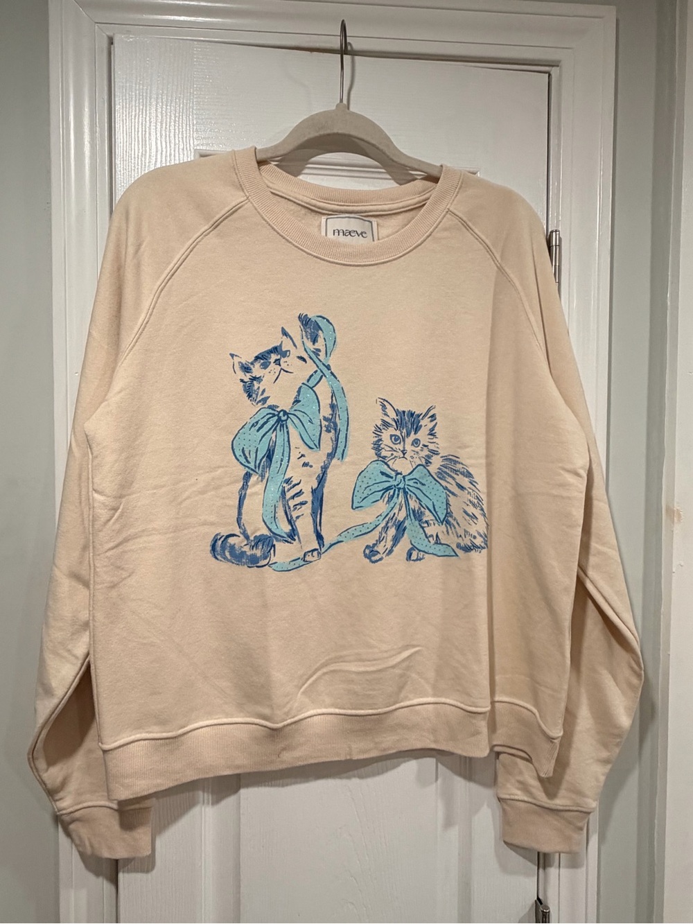 NWOT Maeve Anthropologie Size S Cat Ribbon Bow Graphic Sweatshirt Beige Silver